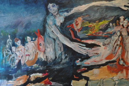 nr 2: "eerste kwartaal 2014"  Ik probeerde te vluchten van al mijn problemen, wilde het heft weer in eigen handen nemen.  [acryl / gemengde techniek op doek] (2,10m x 1,50m)