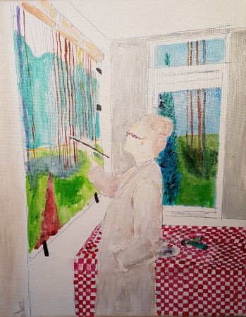 2019 Zelfportret atelier Langemaad, acryl 24x30 cm