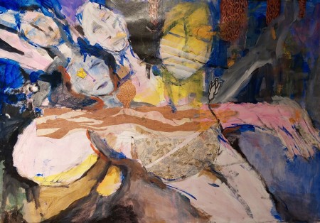 2021 "Tussen leven en dood" Acryl met collage op papier, 100x70cm